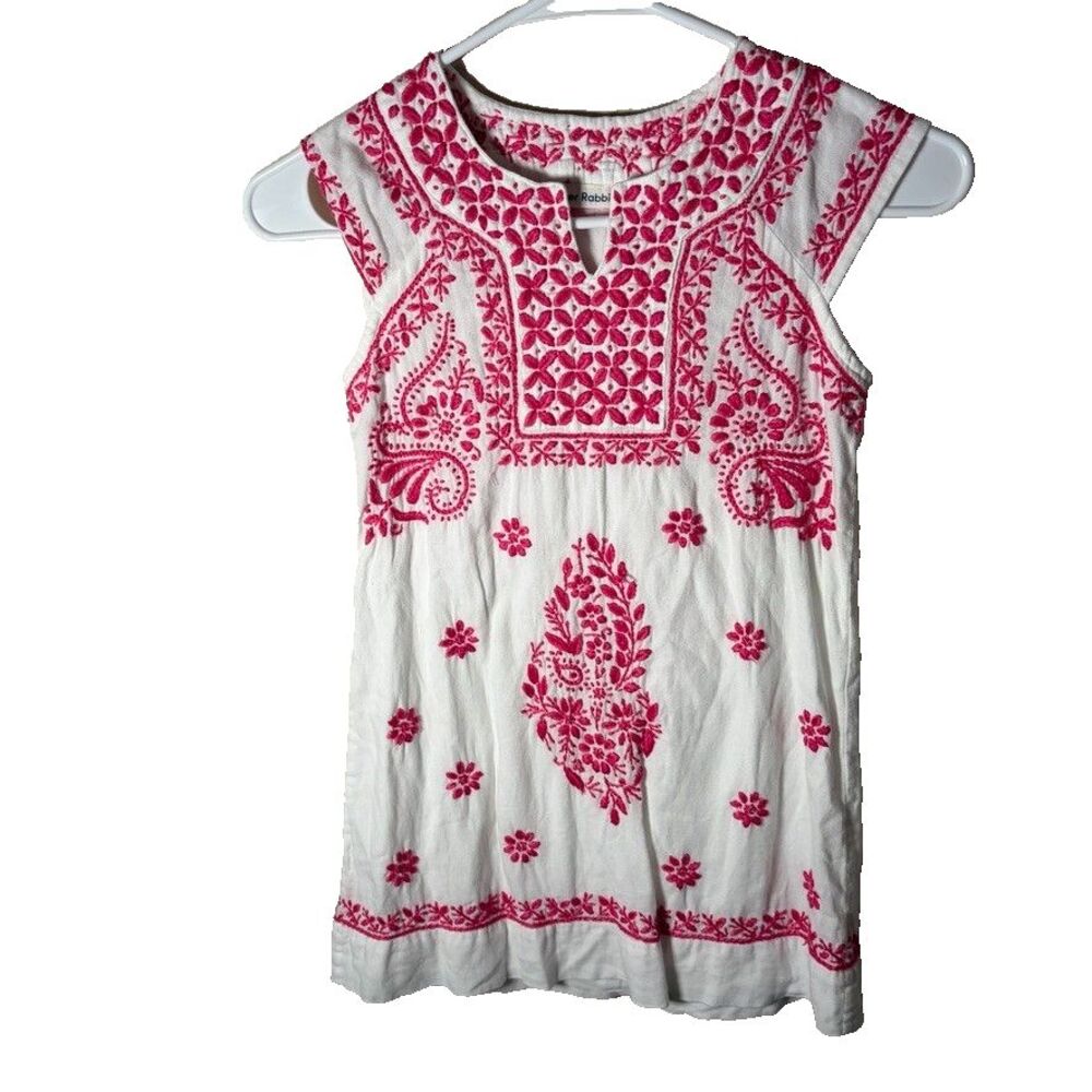 Roller Rabbit Dress Girl's 6 Pink Embroidered Shift Short Sleeve V-Neck Boho